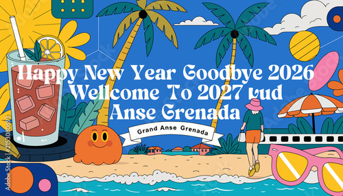 Tropical New Year Celebration: Beach Party, Palm Trees, Cocktail, Sunglasses, Goodbye 2026, Welcome 2027, Grand Anse Grenada