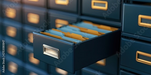 Filing cabinet with one open drawer filled with manila folders, organized storage