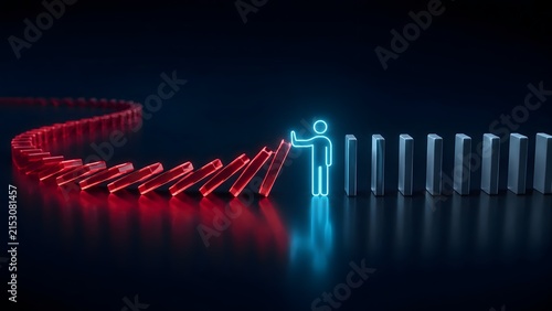 Glowing blue neon figure stopping red glass dominoes from falling on a dark reflective surface, symbolizing cybersecurity, intervention, and strategic control.