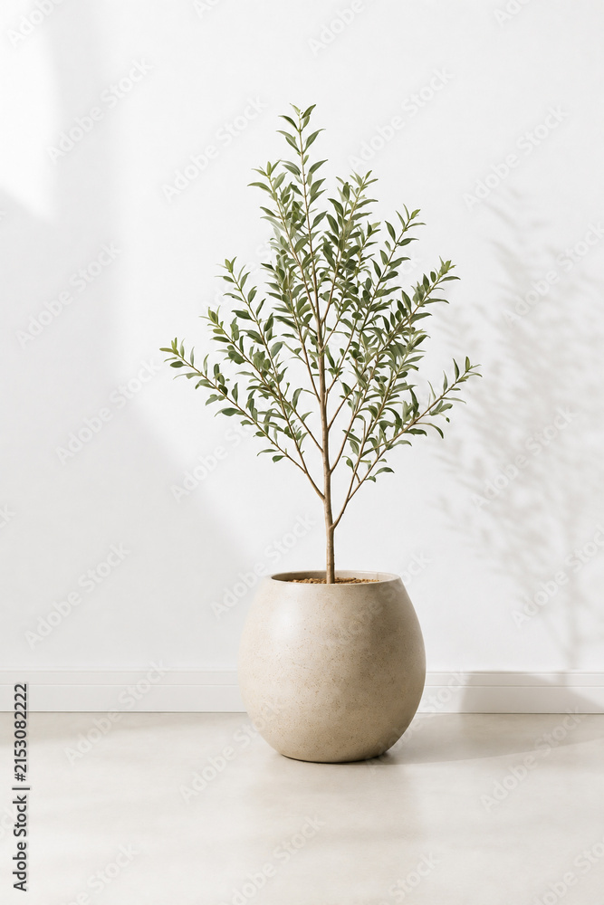 Fototapeta premium Potted Olive Tree in Round Ceramic Pot with Soft Shadow on White Wall