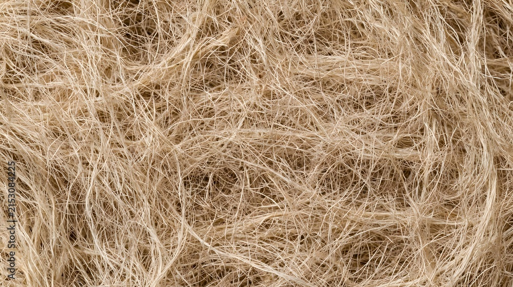 Fototapeta premium Close up of tangled natural fibers showing textured strands in warm beige tones with soft lighting and detailed surface patterns