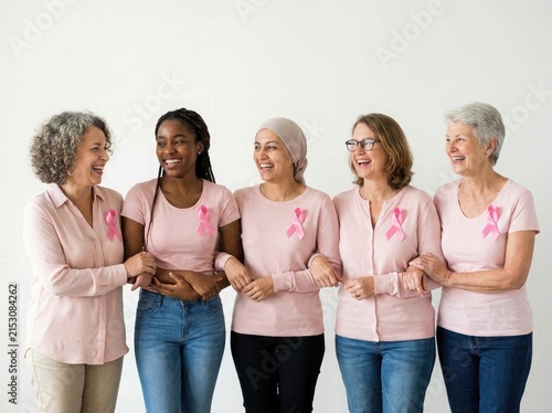 A diverse group of happy women wearing pink shirts and ribbons standing together to support breast cancer awareness month in a studio