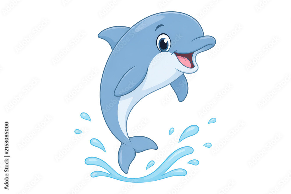 Naklejka premium Playful blue cartoon dolphin leaping from splash