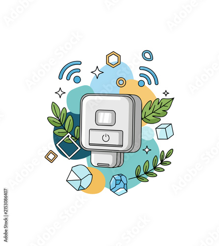 Wireless communication device surrounded by abstract shapes and foliage elements