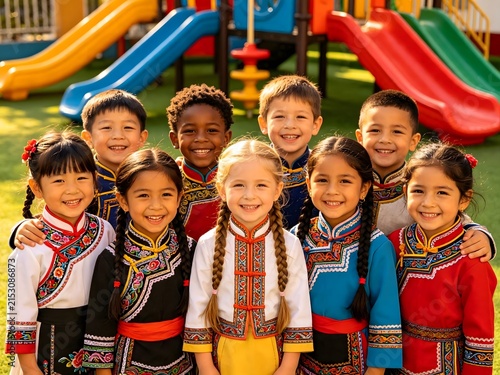 Diverse children in traditional ethnic clothing smiling on playground