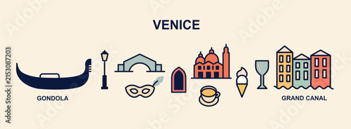 Venice travel illustration featuring gondola, Grand Canal, historic architecture, carnival mask, landmarks, Italian culture, gelato and elegant city symbo