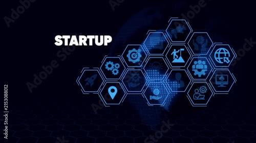 Startup business growth concept with digital hexagon and global network background