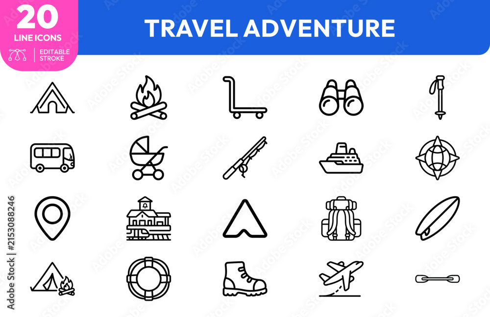 Fototapeta premium Journey set. Tent, backpack, hiking boots, campfire, compass, globe, luggage cart, surfboard, airplane, bicycle, map pin, ferry, stroller, fishing rod, life. Editable stroke. Vector illustration.