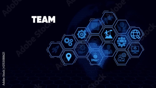 Teamwork and business strategy concept with digital hexagon and global network motion desi