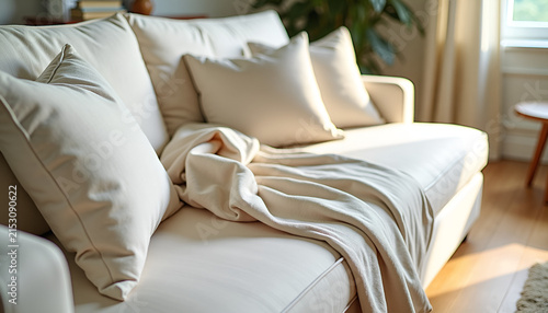 Close-up of a premium cream linen sofa with naturally draped white linen and textured cushions, highlighting authentic woven fibers and soft fabric folds