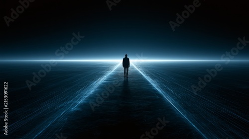 Person Silhouette on Glowing Digital Platform