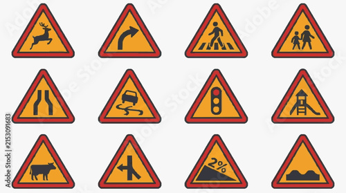 Sleek Collection of 12 Triangular Road Warning Signs with Yellow and Red Border Featuring Deer Children Pedestrians Traffic Lights and More