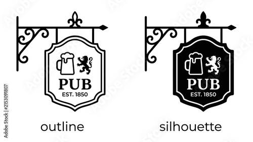 Pub Sign Emblem: A classic pub emblem featuring a beer mug and a heraldic lion, presented in both outline and silhouette styles, representing a vintage establishment.
