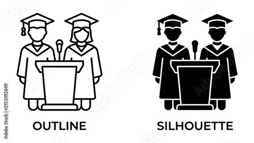 Foto Graduation Ceremony Icons: Two distinct icons, an outline and a silhouette, depict graduates in academic regalia standing at a podium, ready to receive their diplomas or address an audience