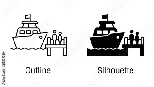 Obraz na plátně Boat Dock Icon: A simple illustration depicts a boat moored at a dock with figures waiting, presented in both outline and silhouette styles