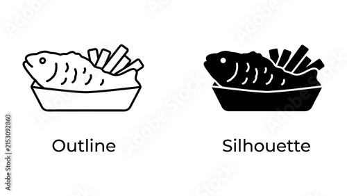Fish and Chips Icon: A clean outline and bold silhouette icon representing the classic dish of fish and chips, ready for use in menus or food-related graphics.