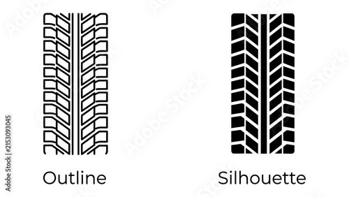 Tire Tracks: Two distinct tire tread patterns, one in outline and the other as a solid silhouette, showcase the intricate design of vehicle tires for various terrains.