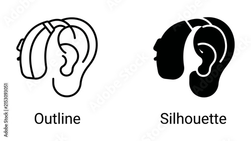 Hearing Aid Icon: A simple and clear icon set featuring an outline and silhouette of a modern hearing aid device, illustrating sound amplification and assistive technology.