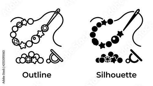 Beadwork Crafting Icons: Two graphic representations, one an outline and the other a silhouette, illustrate the process of beading jewelry with a needle, thread, beads, and a clasp.