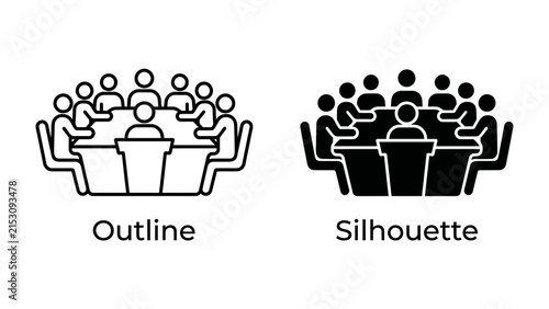 Boardroom Meeting Icons: A graphic representation of a boardroom meeting, showcasing both outline and silhouette icons of a group of people seated around a table.