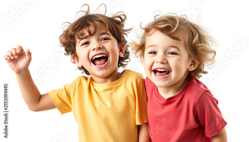 Joyful children laughing with playful expressions in colorful shirts, capturing the essence of childhood happiness and friendship in a bright environment