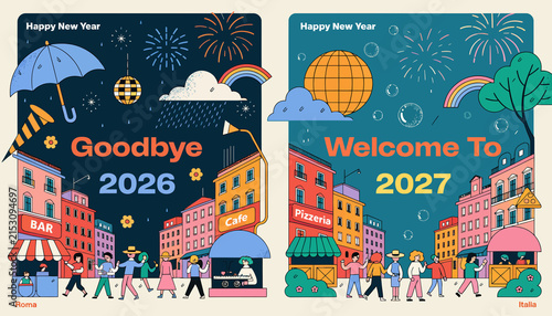 Happy New Year Celebration Graphics: Goodbye 2026, Welcome 2027 Festive City Scenes
