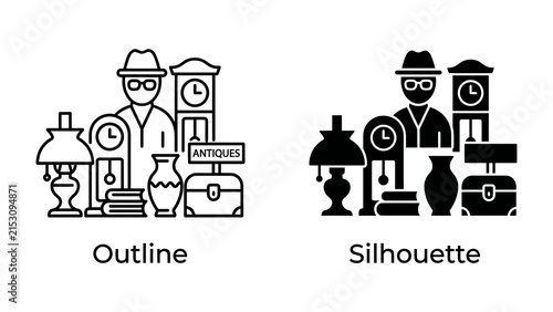 Antiques Market Icons: A collection of antique items and a vendor presented in both outline and silhouette styles, perfect for representing flea markets or vintage shops.