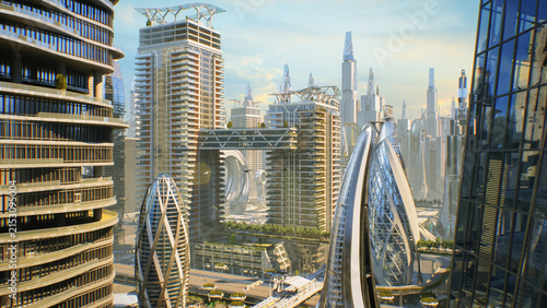 Aerial Shot: Utopian Smart City of Skyscrapers and Terraced Green Towers, Air Taxi Pods and Drones Fly through Highways, Skybridges. Rooftop Parks, Sustainable Architecture, Futuristic Transit