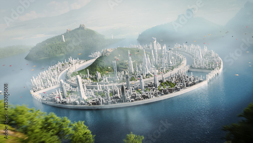 Aerial Drone Flyover of Island City of Glass Towers, Seawall Engineering, and Smart Eco Buildings. Wind Generation and Forest Buffers, Ring Skyline, Resilient Transit Loops, Low carbon Infrastructure.