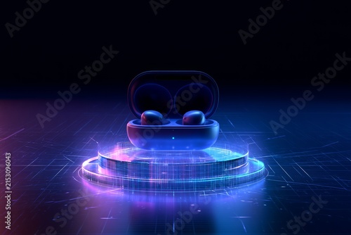 Open Wireless Earbuds Case Above Glowing Platform