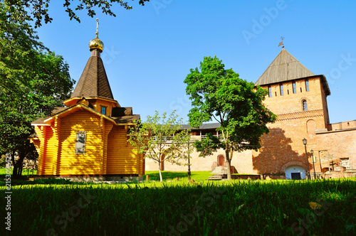 Veliky Novgorod, Russia. Chapel of St Vladimir - Prince of Novgorod and baptist of Rus and Vladimir Tower in Kremlin fortress