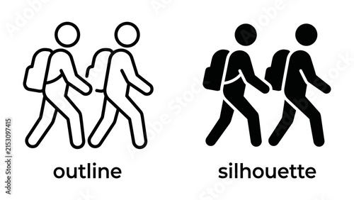 Hiking Duo: Two hikers, one in outline and the other in silhouette, carry backpacks and walk side by side, representing the spirit of adventure and exploration.