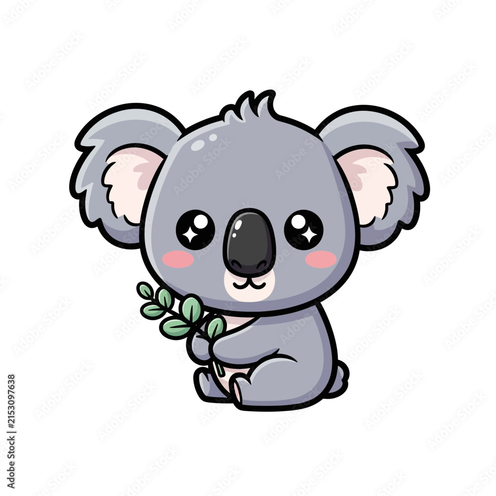 Naklejka premium Cute cartoon koala bear holding a small eucalyptus branch illustration.
