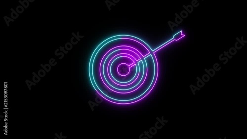 A glowing pink and cyan neon target with an arrow hitting the center on black background. Glowing neon business goals achievement target icon.