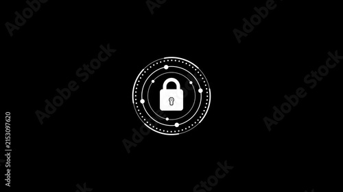 Futuristic security shield icon with locked padlock on black screen. Animated of safety icon, security icon, privacy icon, password icon.