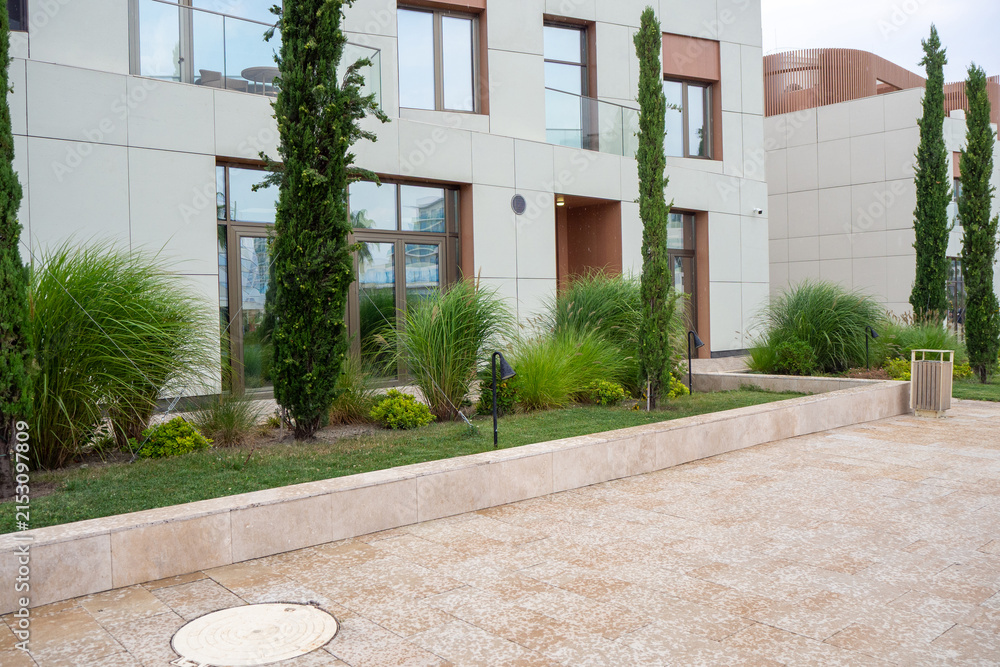 Fototapeta premium Modern courtyard landscaping with paved walkway, ornamental green plants, and building exterior. Real Photo