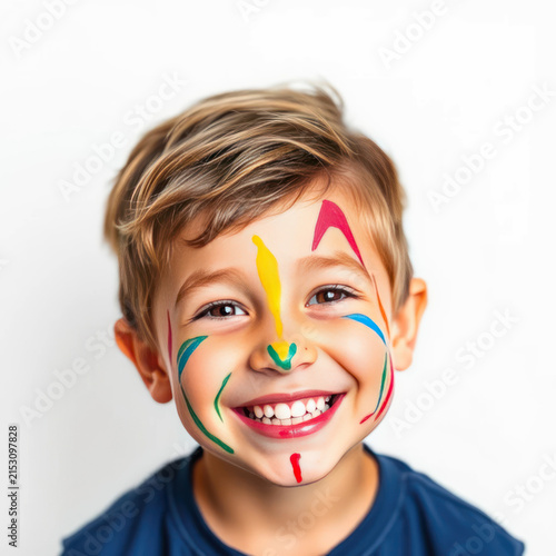 Joyful Child with Colorful Face Paint Smiling Brightly Against a Minimalist Background