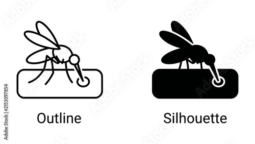 Mosquito Icon: A clear depiction of a mosquito, presented in both outline and silhouette formats, illustrating its characteristic proboscis piercing a surface.