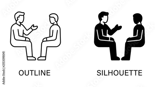 Interview and Discussion: Two individuals engage in a conversation, presented in both outline and silhouette styles, symbolizing dialogue, communication, and interaction.