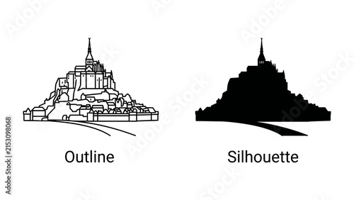 Mont Saint-Michel Outline and Silhouette: A striking comparison of the iconic Mont Saint-Michel abbey, presented both as a detailed architectural outline and a stark black silhouette.