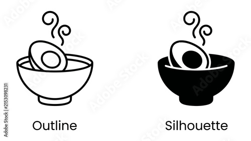 Boiled Egg Icons: Set of two icons depicting a boiled egg in a bowl, one in outline style and the other in silhouette, symbolizing preparation and simple food.