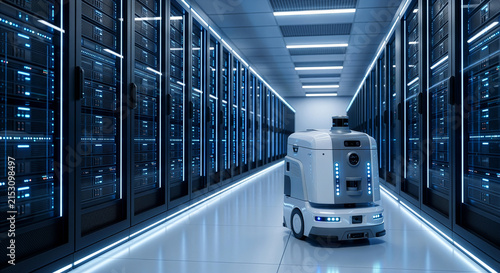 Obraz na płótnie データセンターのサーバーラックが立ち並ぶ通路を自律走行ロボットが巡回し、ITインフラの監視やセキュリティ点検を行うDX・AIテクノロジーのイメージ
