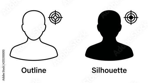 Targeted Individuals: Iconography representing targeted individuals, featuring an outline and silhouette of a person, each accompanied by a target symbol, signifying focus or selection.