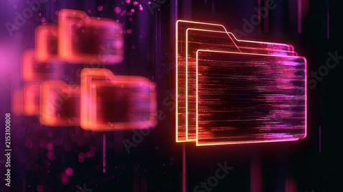Glowing digital folders in vibrant neon light, data organization