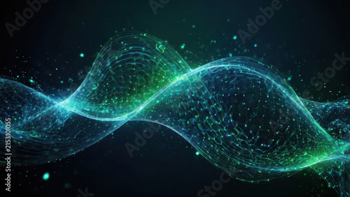 Abstract wave, glowing energy, blue green, digital mesh, dark background