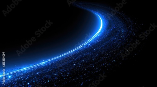 A swirling, luminous blue trail of light particles curves across a dark background