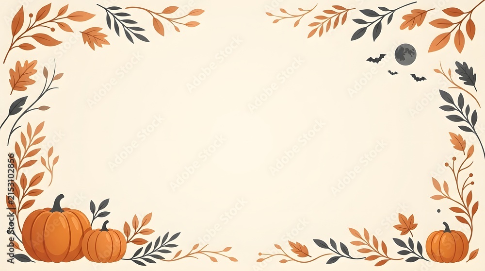 Fototapeta premium Elegant Halloween Autumn Border with Pumpkins, Leaves, Bats and Moon on Cream Background