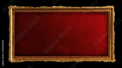 Ornate gilded frame surrounds a rich, textured, deep red background