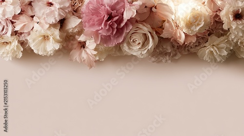 Delicate pastel floral arrangement borders a soft, empty background
