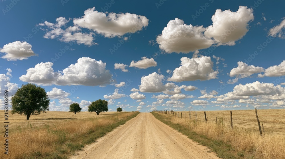 Fototapeta premium A rural dirt road stretches to the horizon under a vast, cloud-filled sky